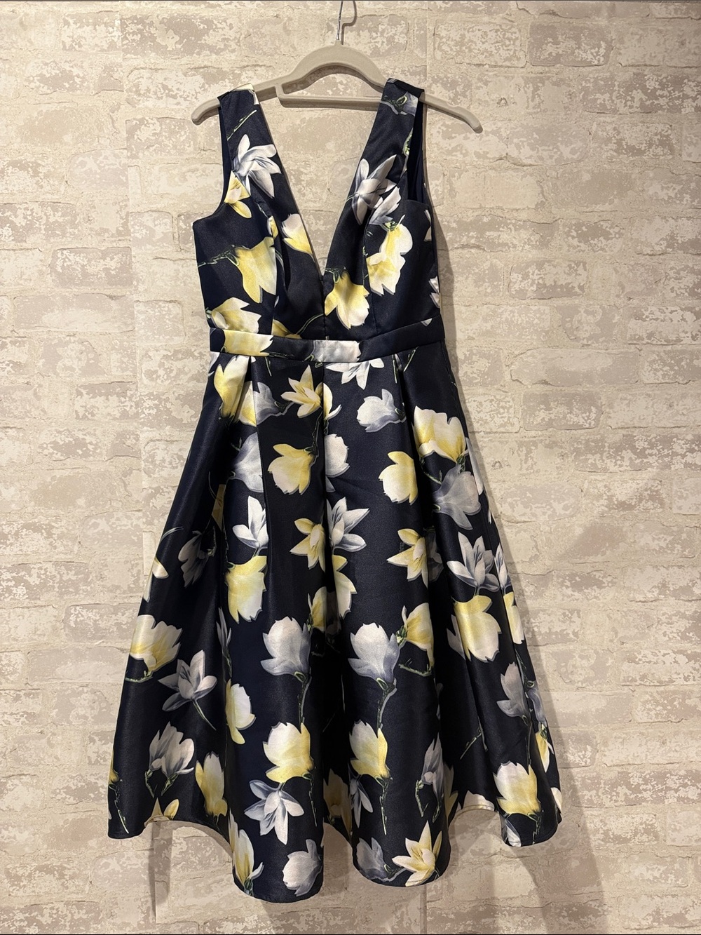 Miss Avenue Navy Floral Fit-and-Flare Dress with Yellow and White Blooms
